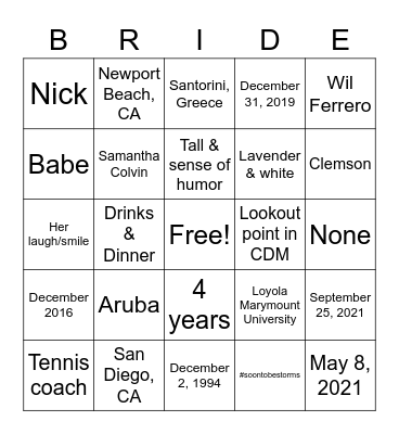 Jessica's Bridal Bingo Card