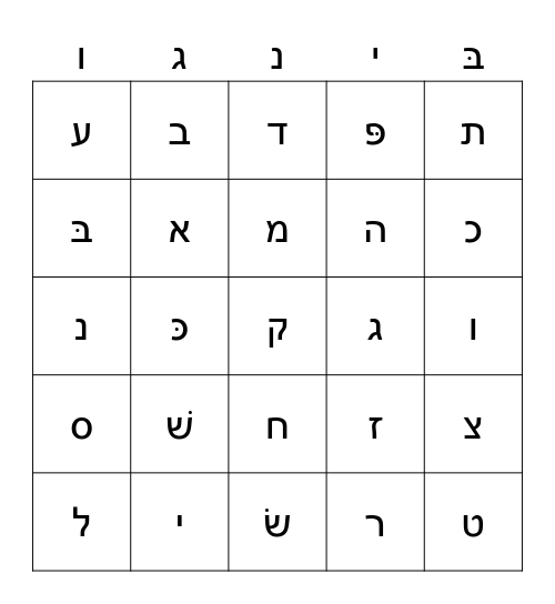 Hebrew letters Bingo Card