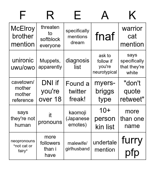 Twitter Freak Bingo Card