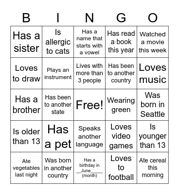 Getting to Know You Bingo Card