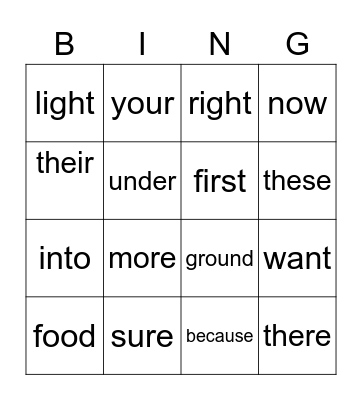 Sight Words Bingo Card