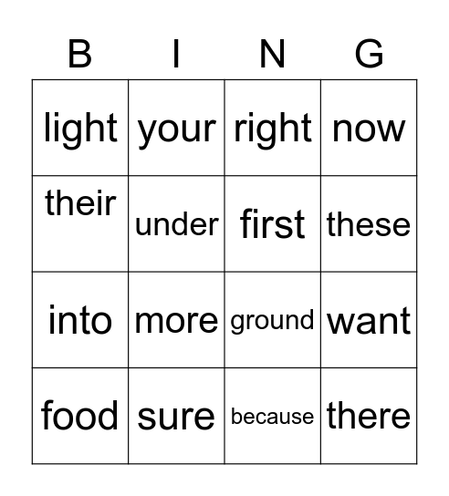 Sight Words Bingo Card