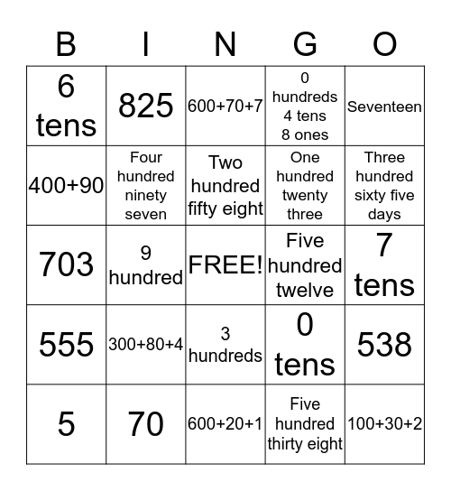 Place Value Bingo Card