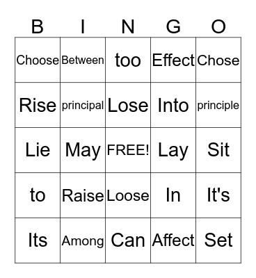 Commonly Confused Words Bingo Card