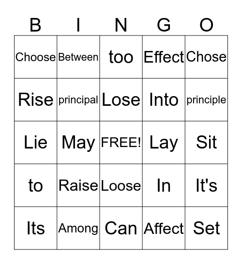 Commonly Confused Words Bingo Card