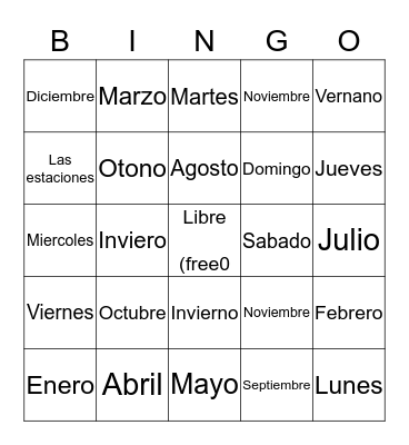 Days, Months, and Seasons Bingo Card