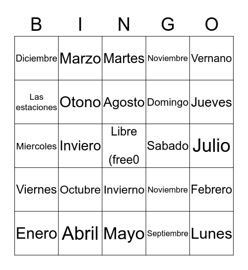 Days, Months, and Seasons Bingo Card