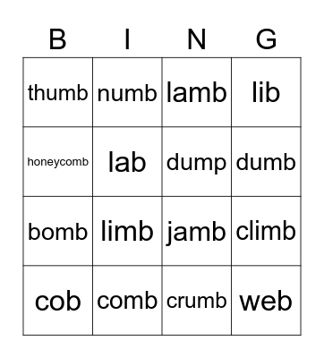 Unit 8 phonics "mb" Bingo Card