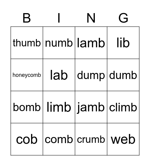 Unit 8 phonics "mb" Bingo Card