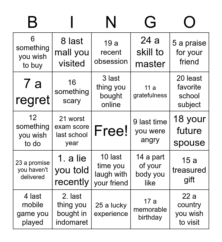 thoughtful hours bingo Card