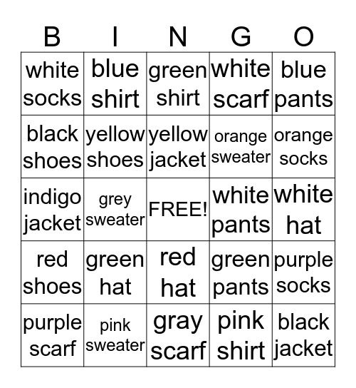 Clothes Bingo! Bingo Card
