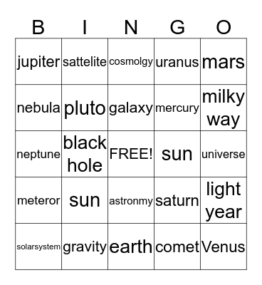 outer space  Bingo Card