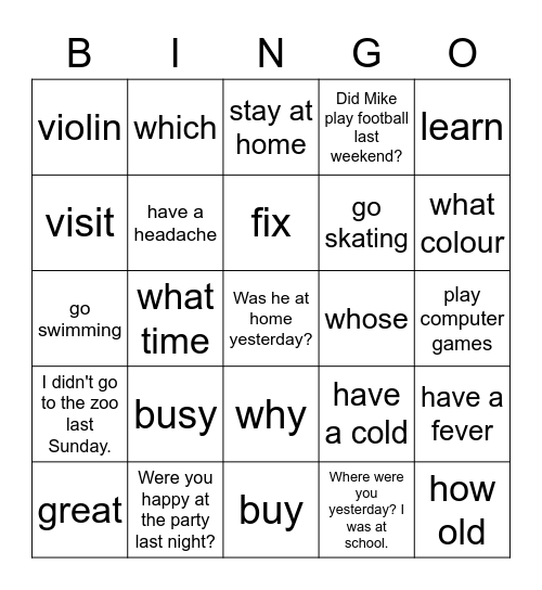 VanThink Grammar 3 Unit 7 Bingo Card