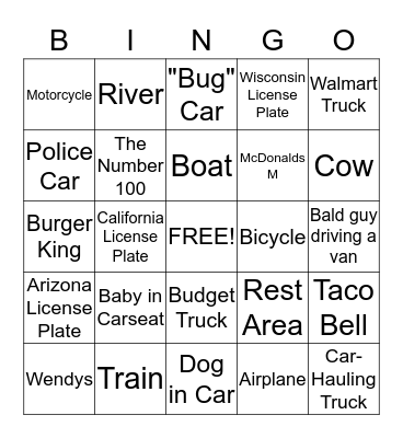 RoadTrip1 Bingo Card