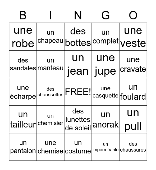 Fr 1 - Ch 7 - Les vêtements  Bingo Card