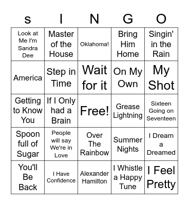 Musical Singo Bingo Card