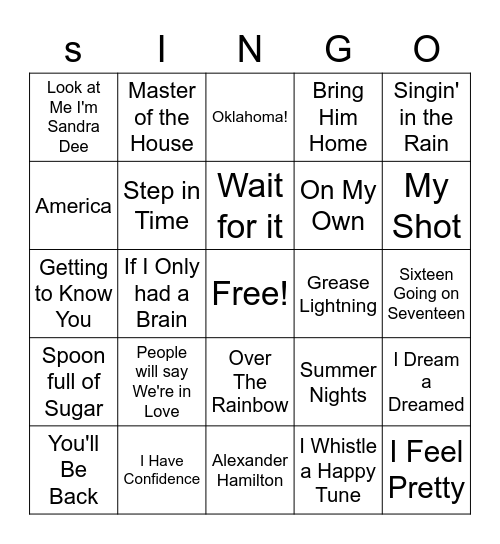 Musical Singo Bingo Card