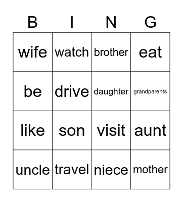 Simple present and the extended family Bingo Card