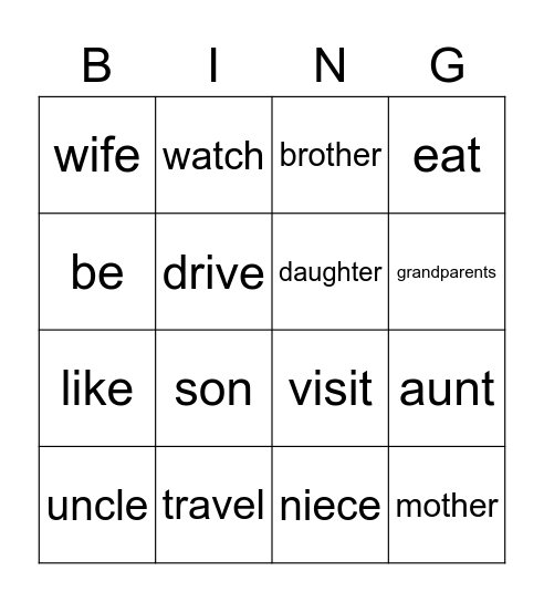 Simple present and the extended family Bingo Card