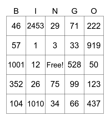 Numbers Bingo Card