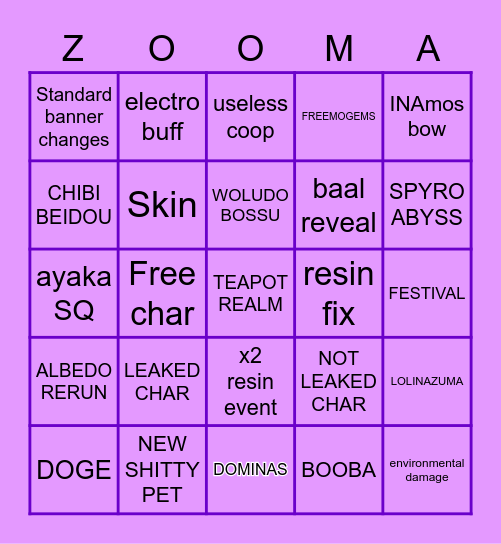 INA ZOOMER Bingo Card