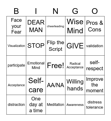 DBT & Recovery Bingo Card