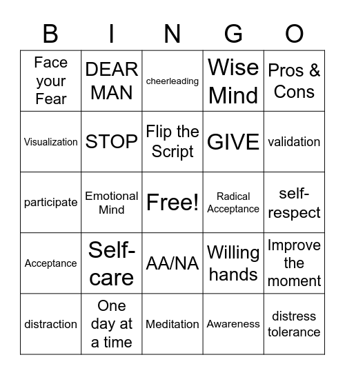 DBT & Recovery Bingo Card