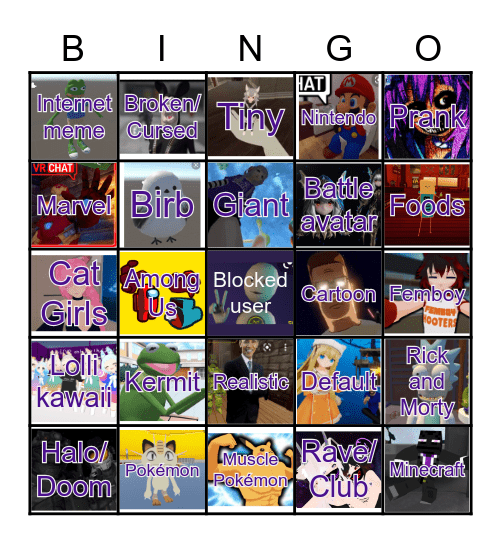 VRchat Avatar Bingo Card