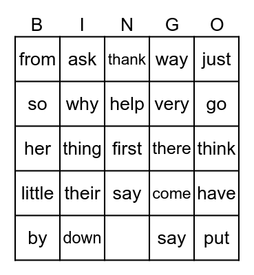 Sight Words Bingo Card