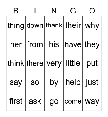 Sight Words Bingo Card