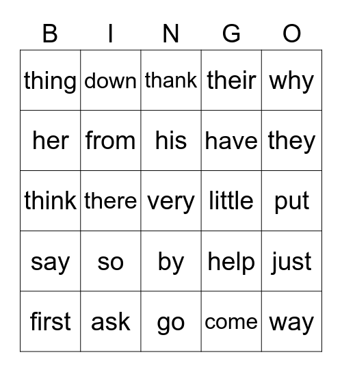 Sight Words Bingo Card