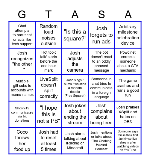Joshimuz GTA Stream Bingo - DO NOT DELIBERATELY INITIATE SITUATIONS WHICH MARK YOUR SQUARES (unless you spend money to do so lol) Bingo Card