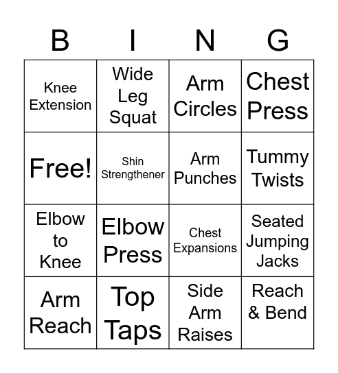Chair Exercise Bingo Card