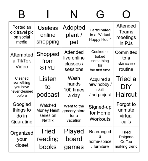 Quaratine Bingo Card