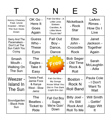 Game Of Tones 7/6/21 Game 1 Bingo Card