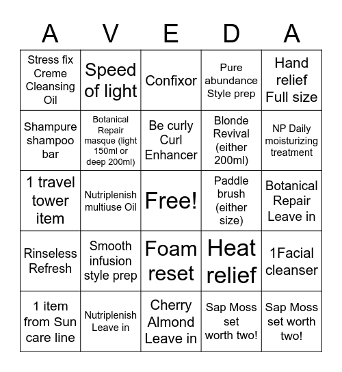 Aveda All Stars Bingo Card