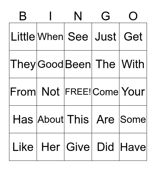 Sight Word Bingo Card