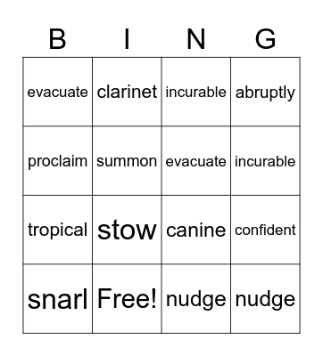 Vocabulary Word Bingo Card