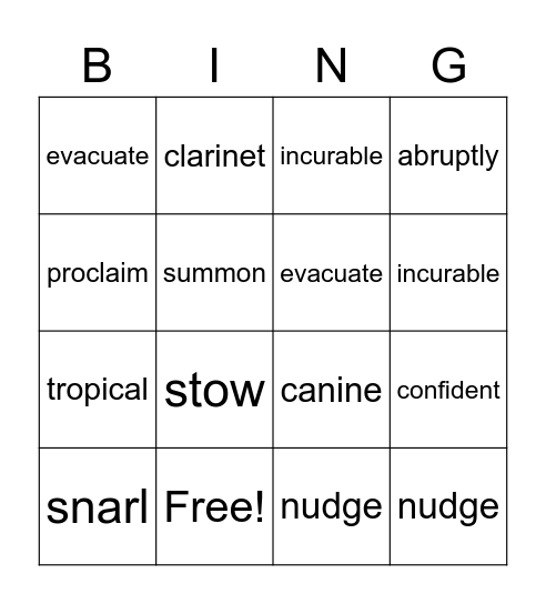 Vocabulary Word Bingo Card