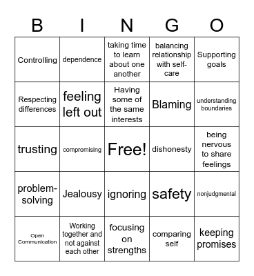 Relationship Bingo Card