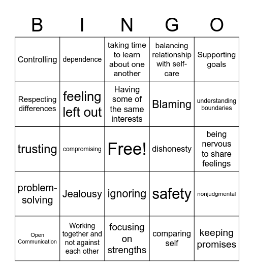 Relationship Bingo Card