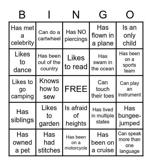 Ice Breaker Bingo Card