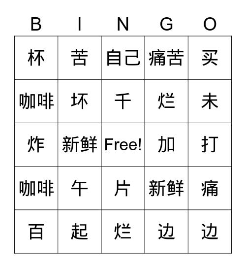 马腾翔的字 咖啡 Bingo Card