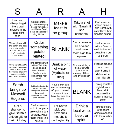 Happy Birthday Sarah!!! Bingo Card