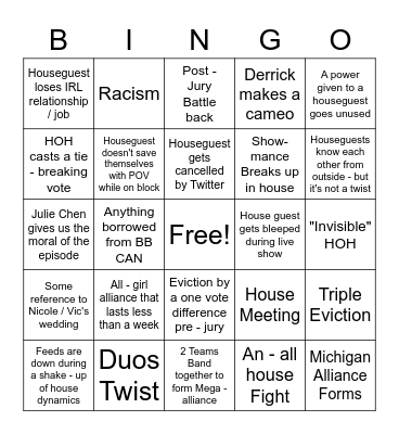 Big Brother  Bingo Card