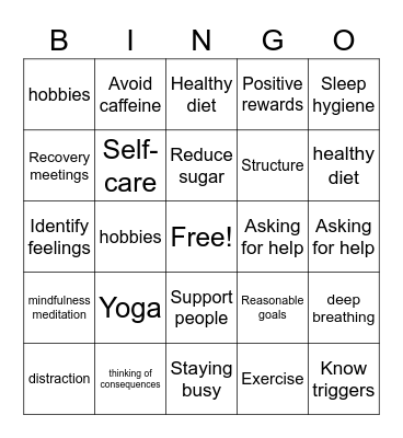 Relapse Prevention Bingo Card