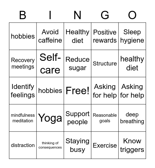 Relapse Prevention Bingo Card