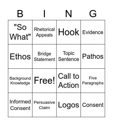 Persuasive Essay Bingo Card