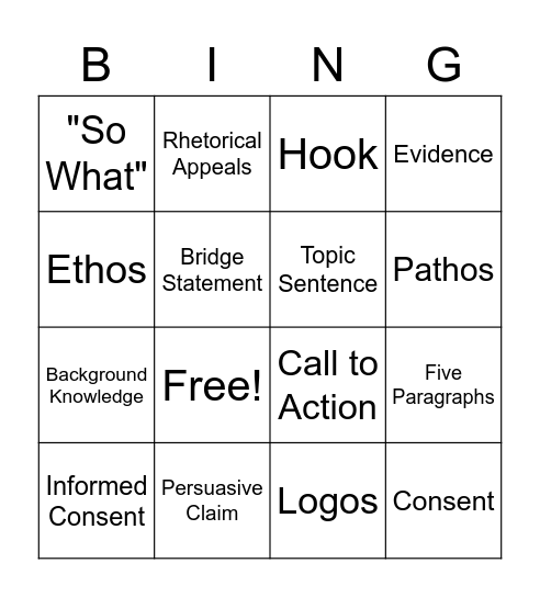 Persuasive Essay Bingo Card