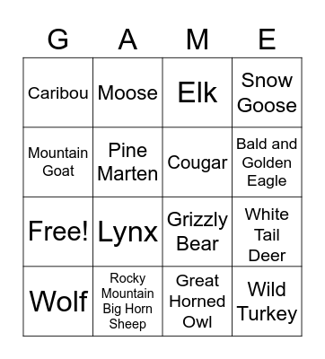 Alberta Animals Bingo Card